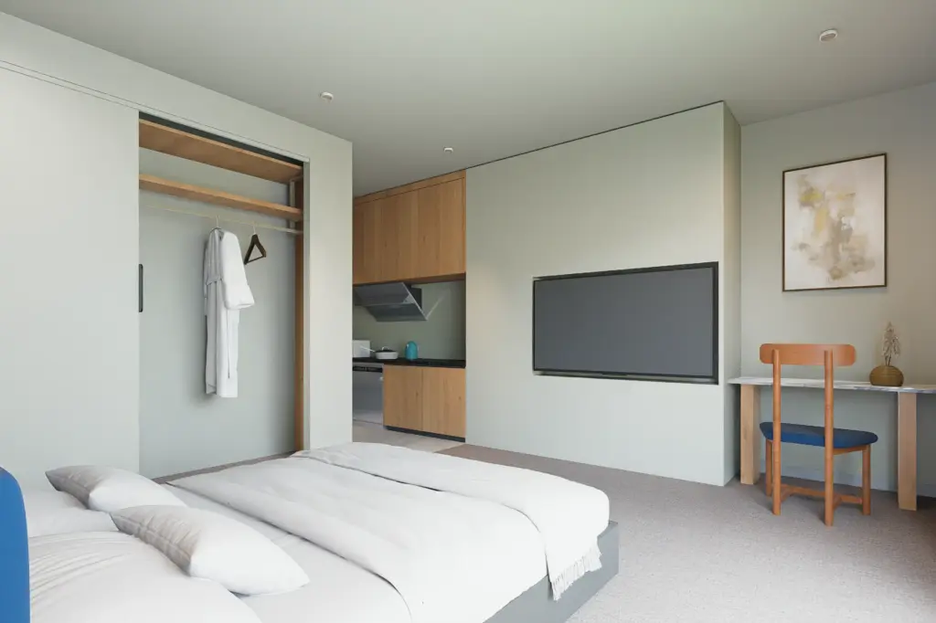 Compact apartment bed and TV - Joy40 Oamaru Apartments